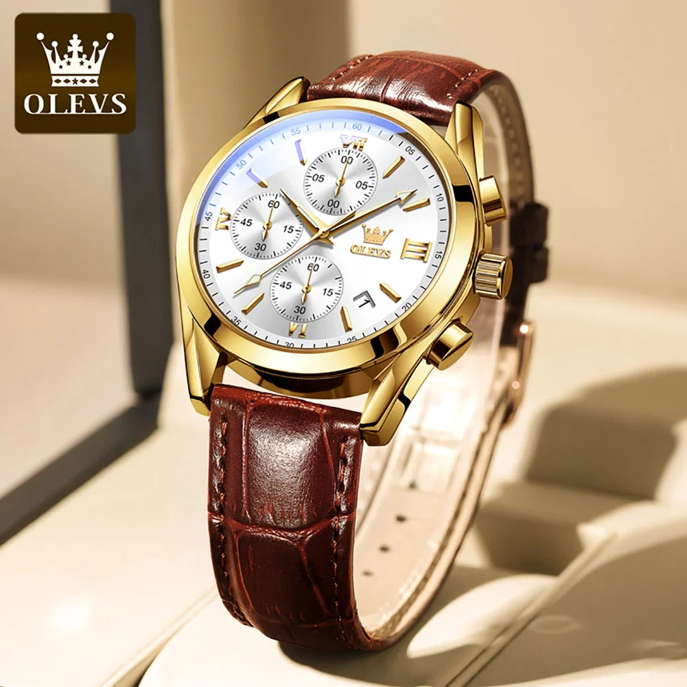 OLEVS Sport Quarz Chronograph Uhr für Herren, Wasserdicht mit Luminous Zeigern, Auto Date, Lederarmband