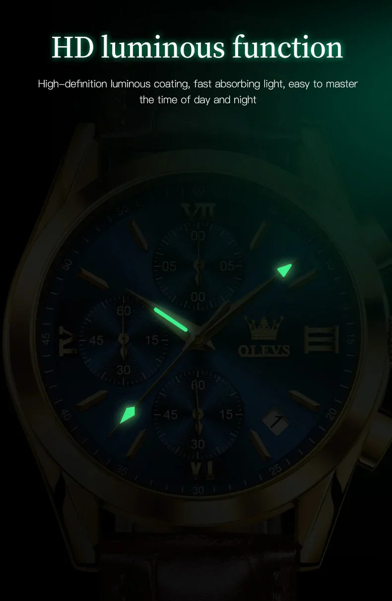 OLEVS Sport Quarz Chronograph Uhr für Herren, Wasserdicht mit Luminous Zeigern, Auto Date, Lederarmband