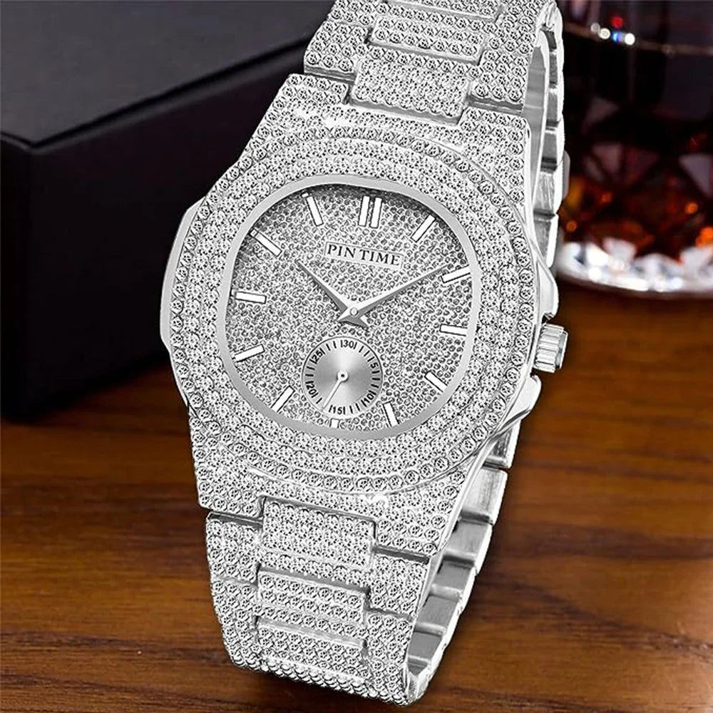 PINTIME Iced Out Quarzuhr für Herren, 3ATM Wasserdicht, Mode Hip Hop Armbanduhr mit CZ Kristallen, Unisex