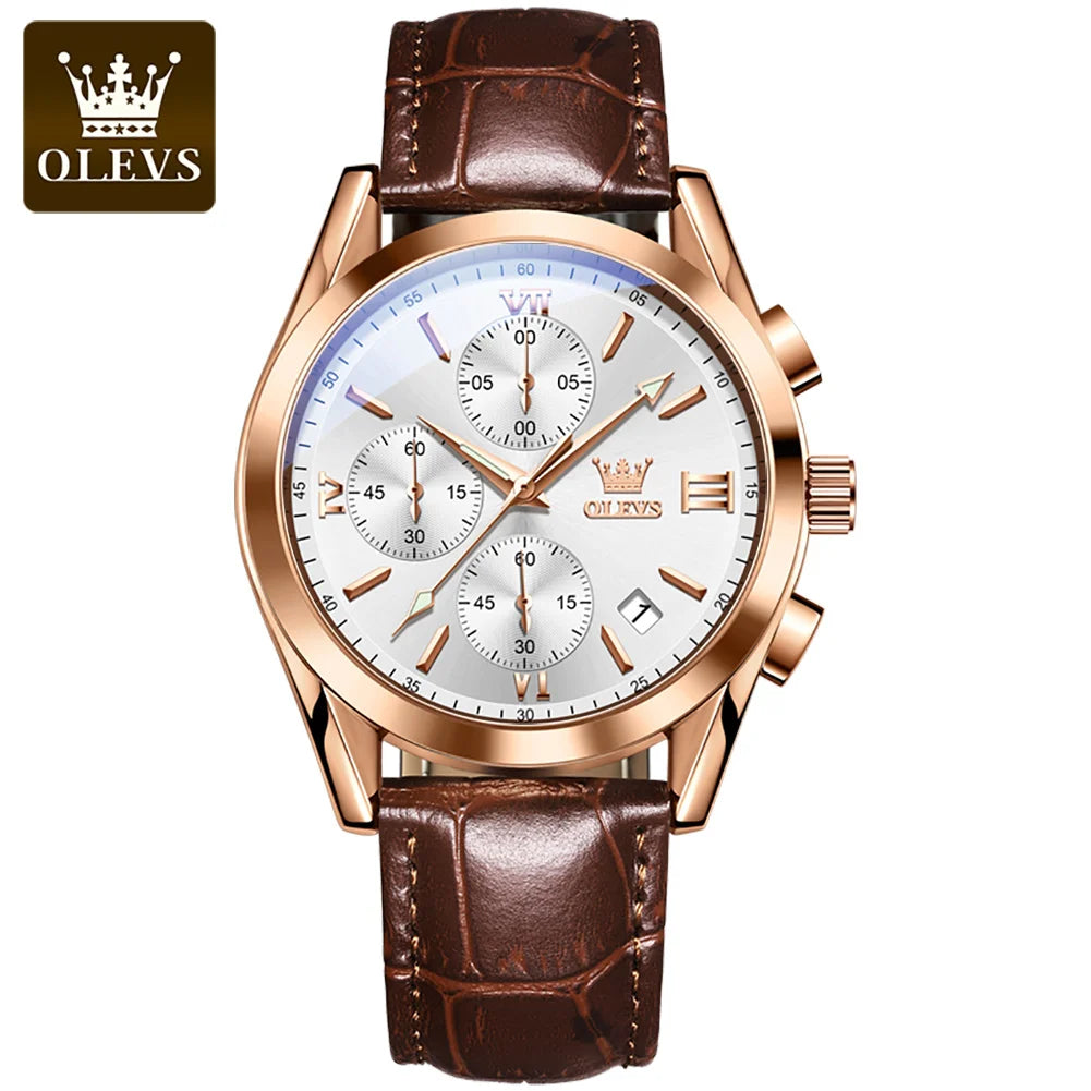 OLEVS Sport Quarz Chronograph Uhr für Herren, Wasserdicht mit Luminous Zeigern, Auto Date, Lederarmband
