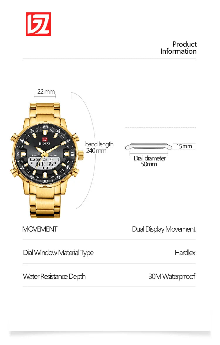 Luxus Herren-Armbanduhr 2025 – Goldene Edelstahluhr mit Dual Display | Relogio Masculino
