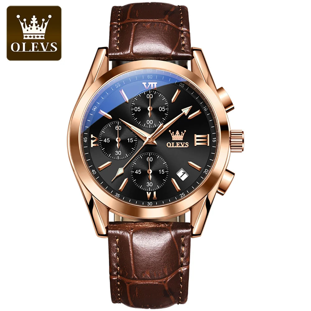 OLEVS Sport Quarz Chronograph Uhr für Herren, Wasserdicht mit Luminous Zeigern, Auto Date, Lederarmband