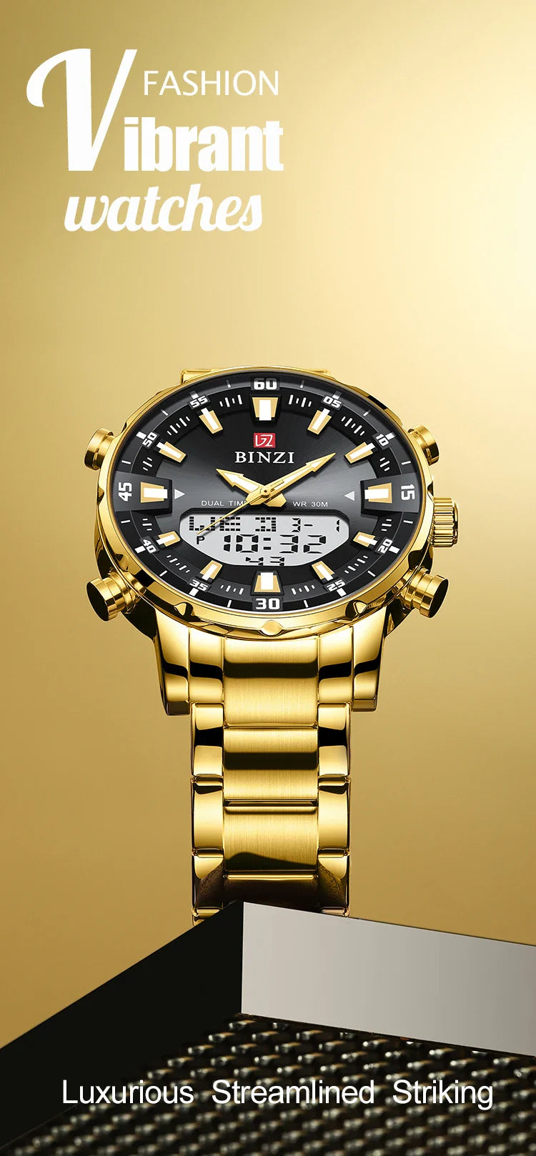 Luxus Herren-Armbanduhr 2025 – Goldene Edelstahluhr mit Dual Display | Relogio Masculino