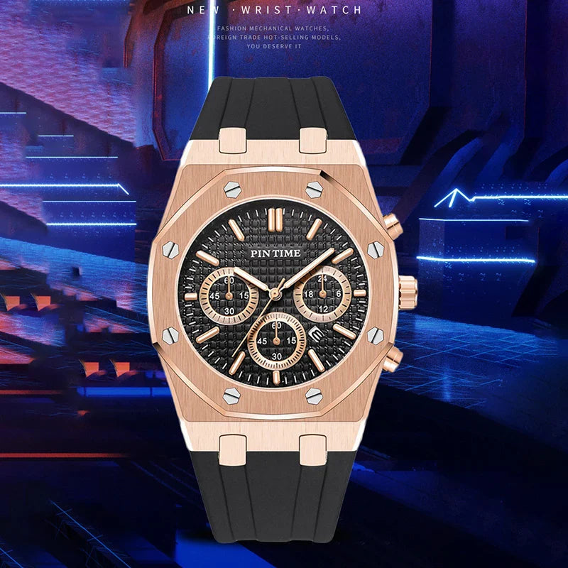 PINTIME Luxus Quarz Armbanduhr für Herren, Wasserdicht, Edelstahl, Sportliche Design Uhr, 42 mm Zifferblatt