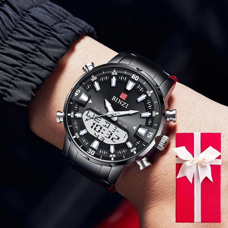 Luxus Herren-Armbanduhr 2025 – Goldene Edelstahluhr mit Dual Display | Relogio Masculino