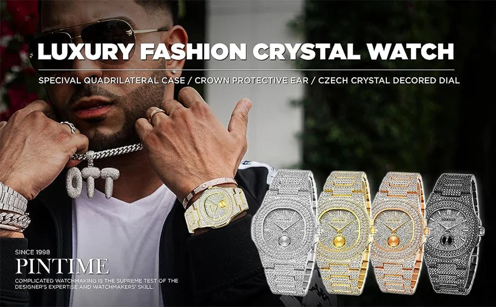 PINTIME Iced Out Quarzuhr für Herren, 3ATM Wasserdicht, Mode Hip Hop Armbanduhr mit CZ Kristallen, Unisex