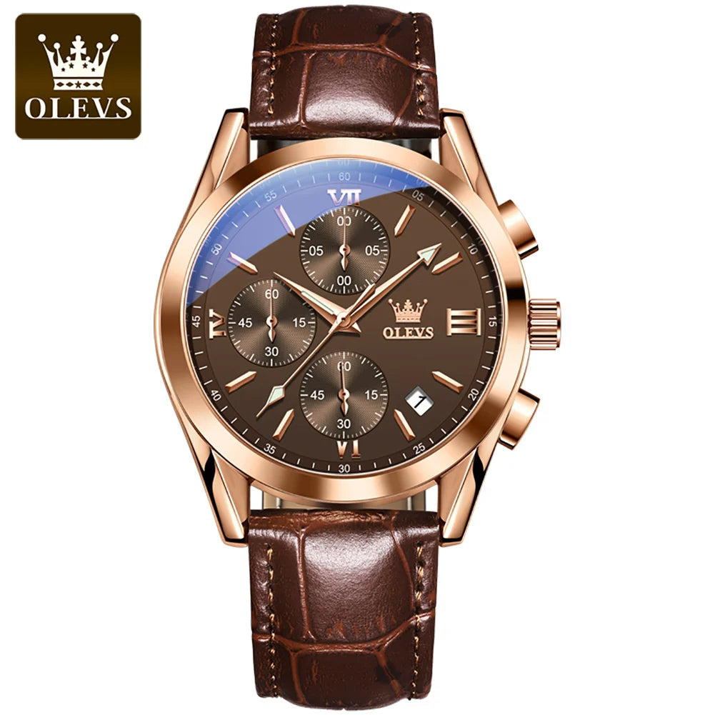 OLEVS Sport Quarz Chronograph Uhr für Herren, Wasserdicht mit Luminous Zeigern, Auto Date, Lederarmband