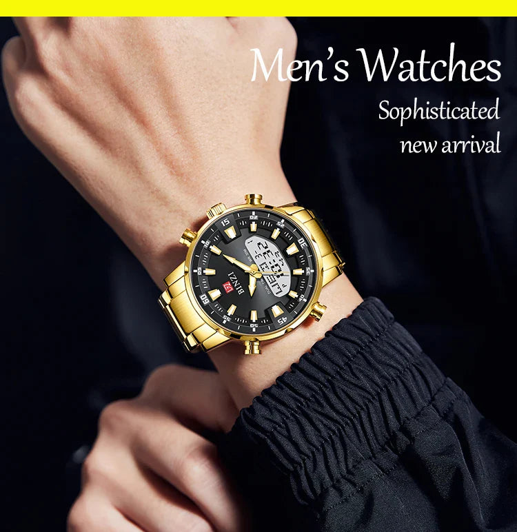 Luxus Herren-Armbanduhr 2025 – Goldene Edelstahluhr mit Dual Display | Relogio Masculino