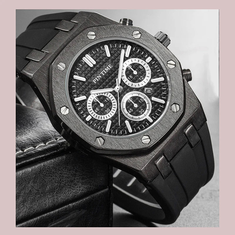 PINTIME Luxus Quarz Armbanduhr für Herren, Wasserdicht, Edelstahl, Sportliche Design Uhr, 42 mm Zifferblatt