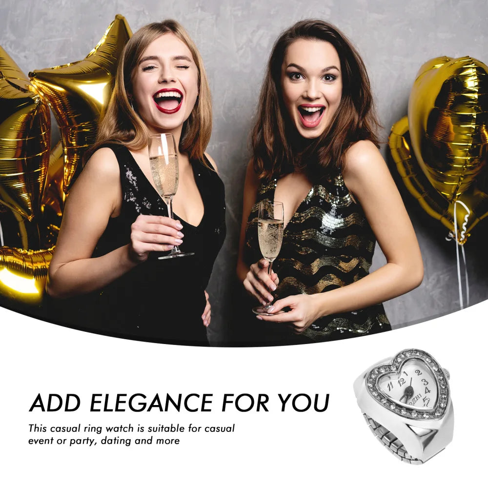 Vintage Herz Ringuhr für Damen – Retro Quarz Fingeruhr mit elastischem Armband