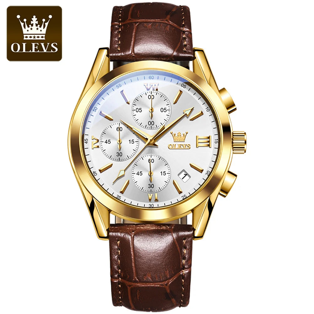 OLEVS Sport Quarz Chronograph Uhr für Herren, Wasserdicht mit Luminous Zeigern, Auto Date, Lederarmband