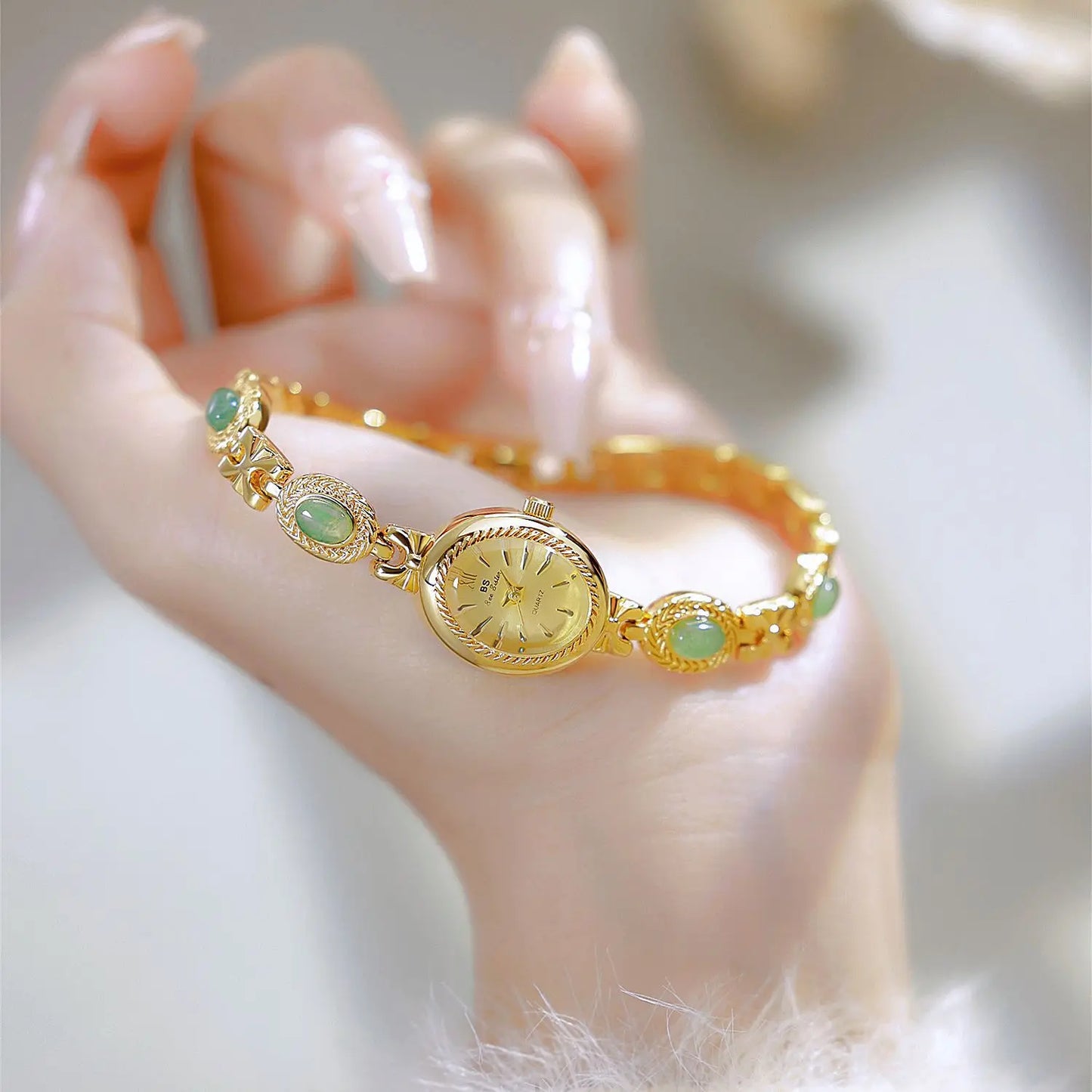 BS Bienenschwester FA1859 Damen Quarzuhr – Hochwertige Legierung mit Jade-Armband, Wasserfest, Elegante Dress-Uhr