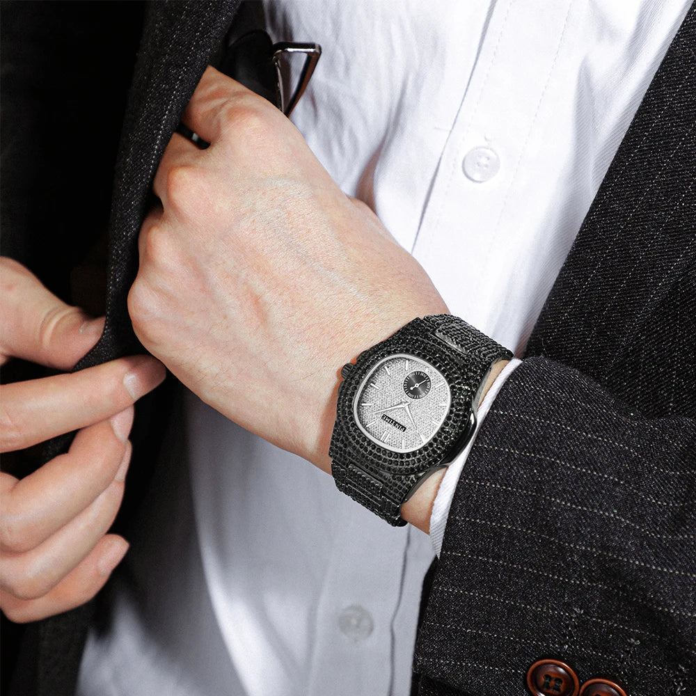 PINTIME Iced Out Quarzuhr für Herren, 3ATM Wasserdicht, Mode Hip Hop Armbanduhr mit CZ Kristallen, Unisex