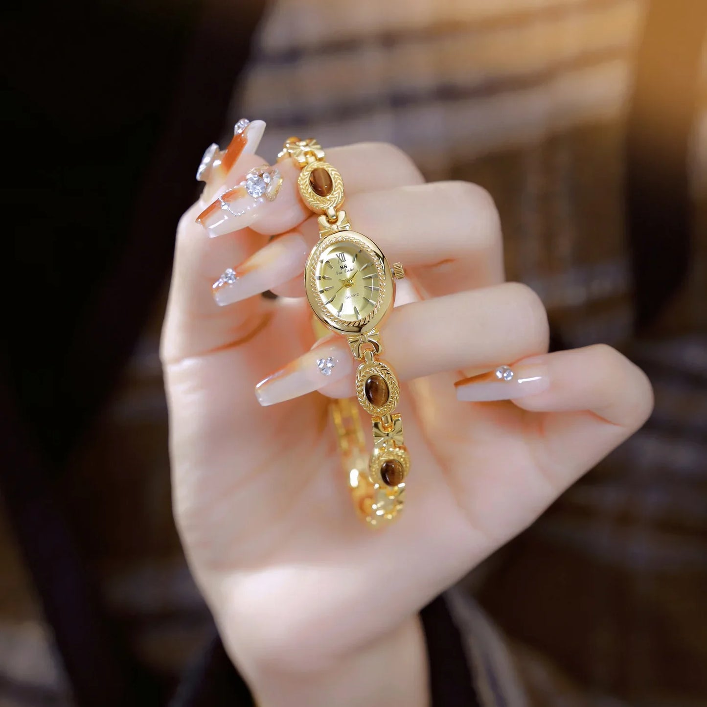 BS Bienenschwester FA1859 Damen Quarzuhr – Hochwertige Legierung mit Jade-Armband, Wasserfest, Elegante Dress-Uhr