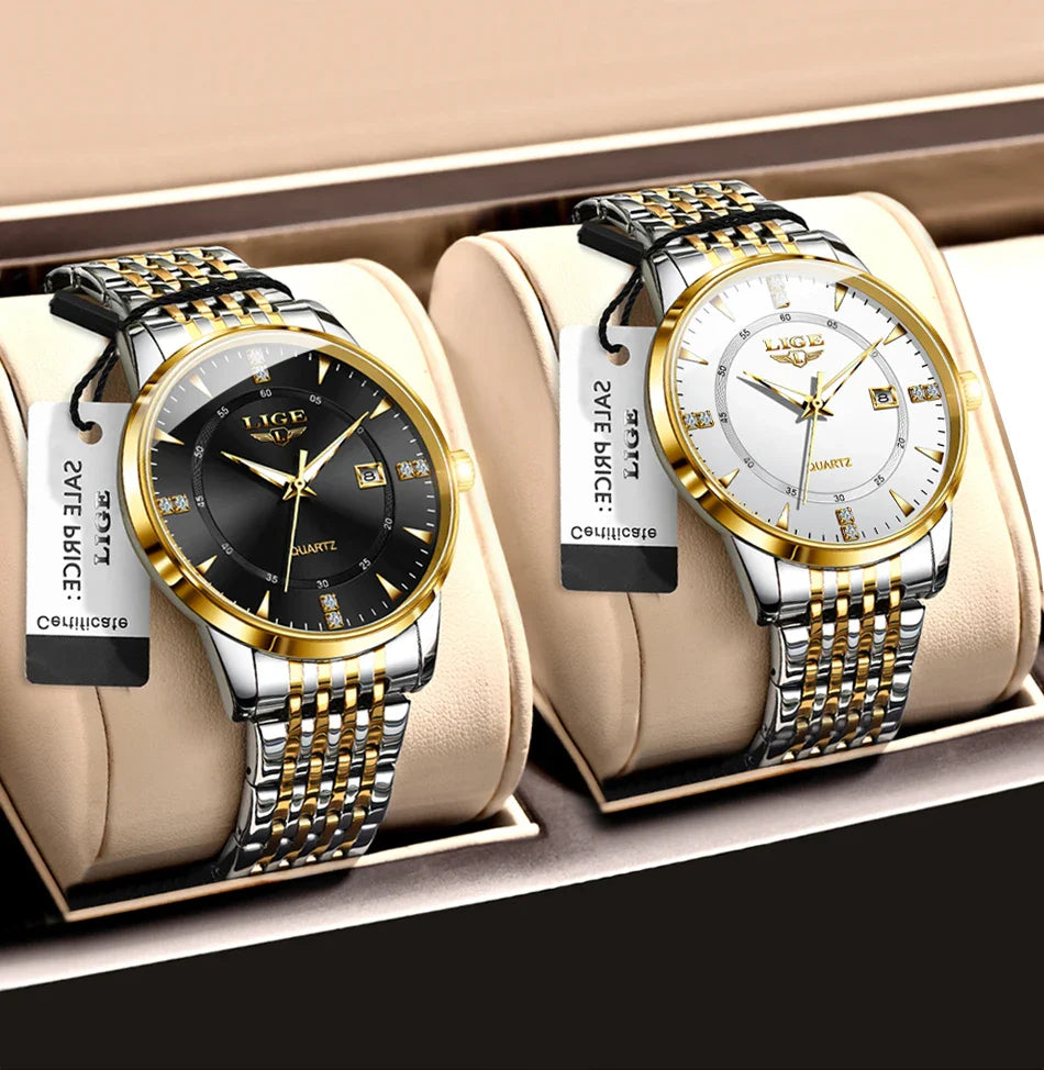 LIGE Damen Quarzuhr – Goldene Edelstahl Armbanduhr mit Luminous Zeigern, Stopuhr, Wasserfest, Auto-Datum – Luxus Armbanduhr für Damen