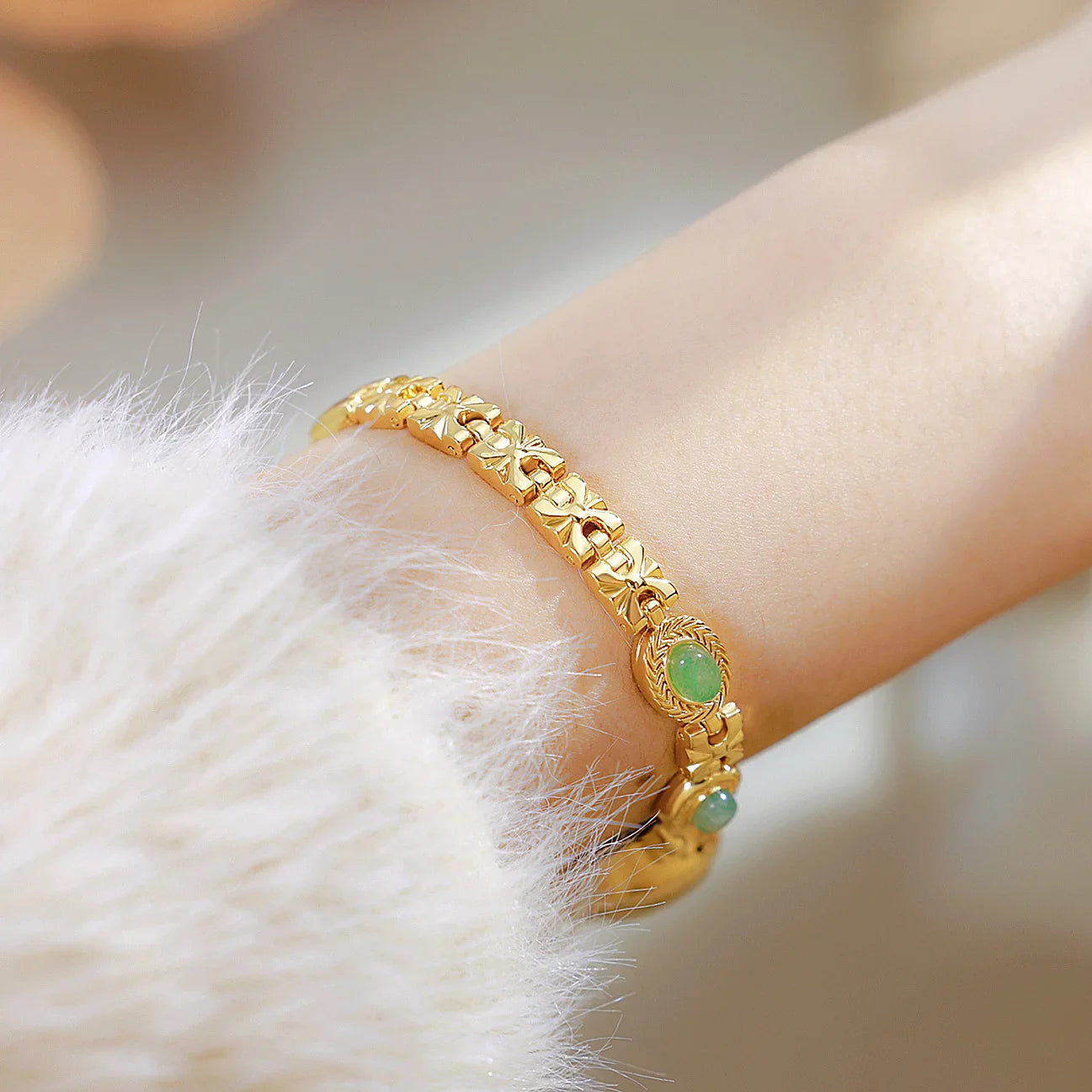 BS Bienenschwester FA1859 Damen Quarzuhr – Hochwertige Legierung mit Jade-Armband, Wasserfest, Elegante Dress-Uhr