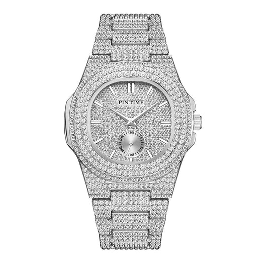 PINTIME Iced Out Quarzuhr für Herren, 3ATM Wasserdicht, Mode Hip Hop Armbanduhr mit CZ Kristallen, Unisex