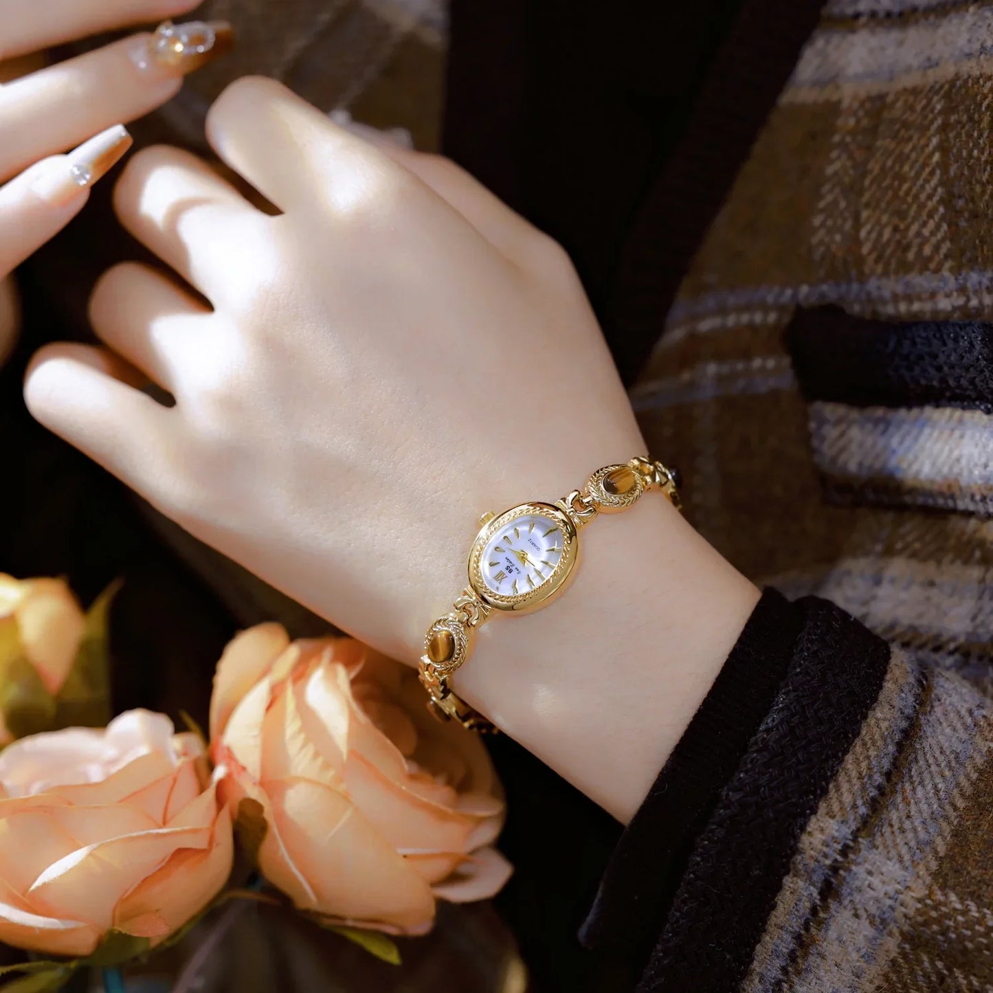 BS Bienenschwester FA1859 Damen Quarzuhr – Hochwertige Legierung mit Jade-Armband, Wasserfest, Elegante Dress-Uhr