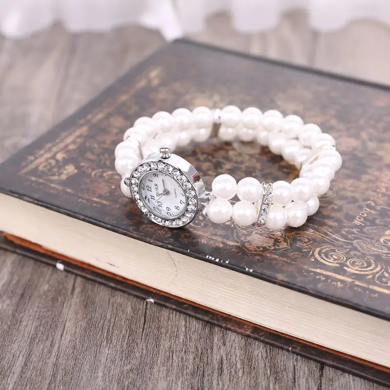 Bulusii Damen Vintage Armbanduhr mit Perlen & Strass, Digital, Elastisch und Verstellbar, Stilvolles Geschenk für Frauen