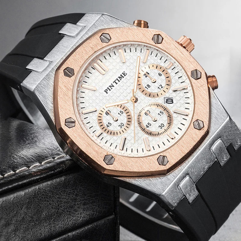 PINTIME Luxus Quarz Armbanduhr für Herren, Wasserdicht, Edelstahl, Sportliche Design Uhr, 42 mm Zifferblatt