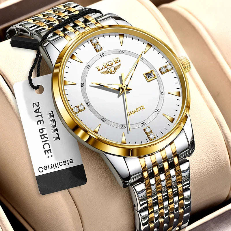 LIGE Damen Quarzuhr – Goldene Edelstahl Armbanduhr mit Luminous Zeigern, Stopuhr, Wasserfest, Auto-Datum – Luxus Armbanduhr für Damen