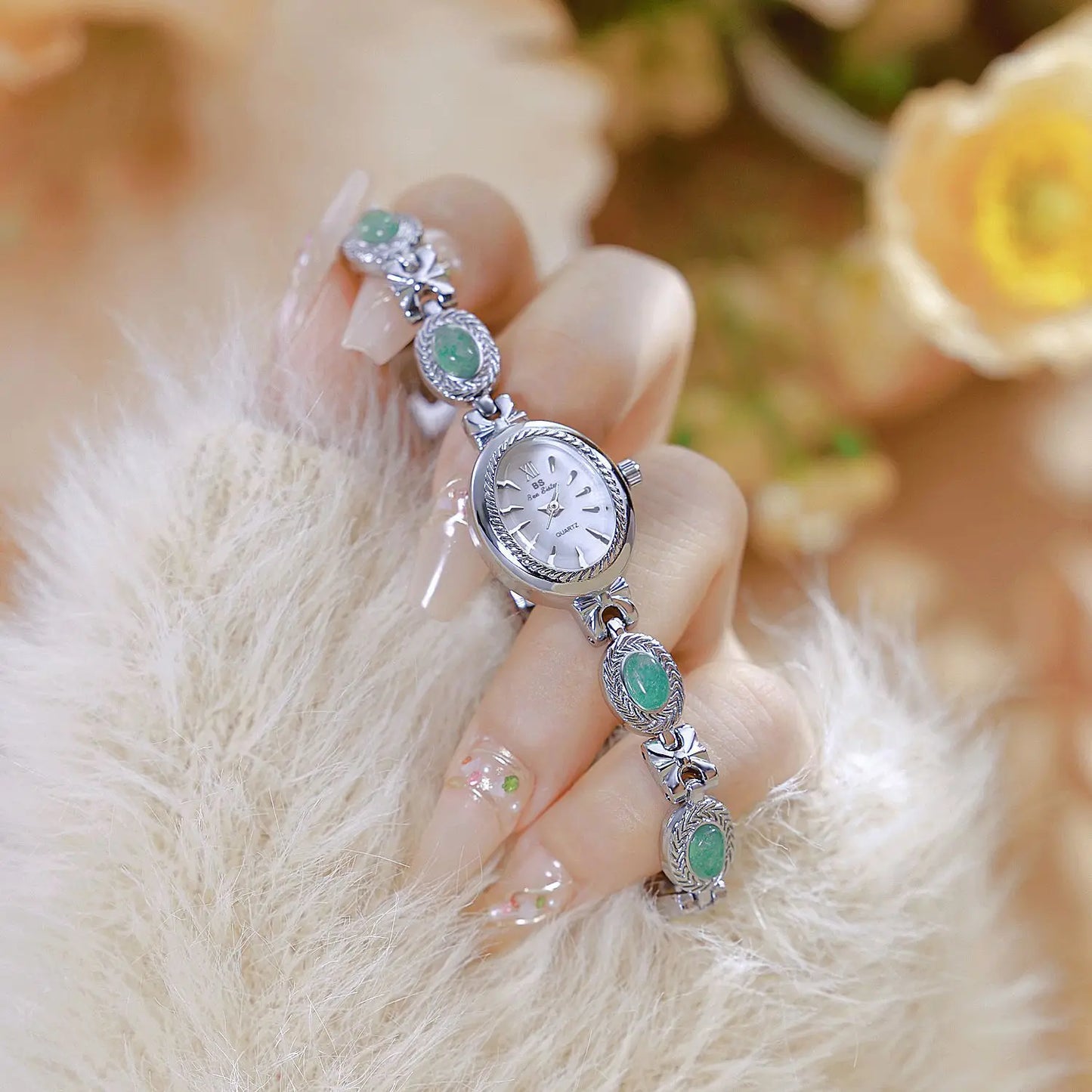 BS Bienenschwester FA1859 Damen Quarzuhr – Hochwertige Legierung mit Jade-Armband, Wasserfest, Elegante Dress-Uhr