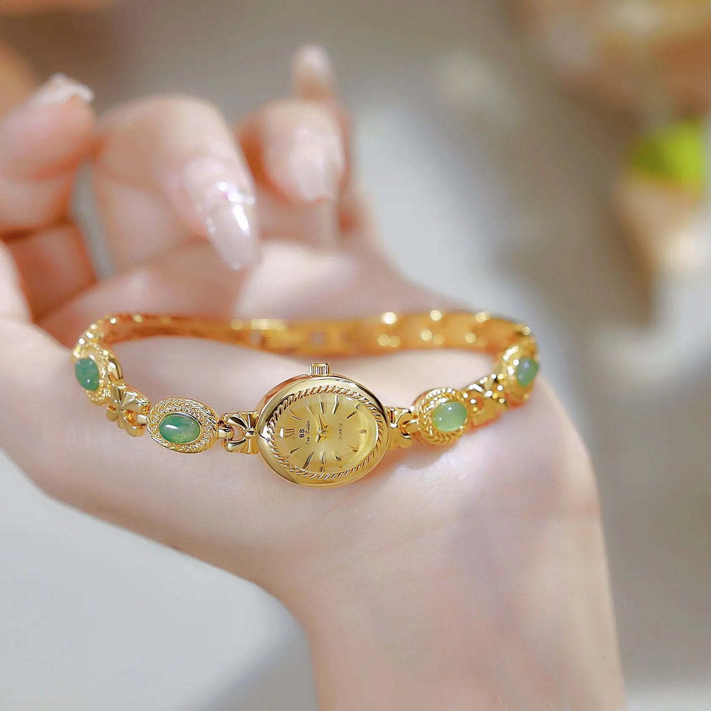 BS Bienenschwester FA1859 Damen Quarzuhr – Hochwertige Legierung mit Jade-Armband, Wasserfest, Elegante Dress-Uhr