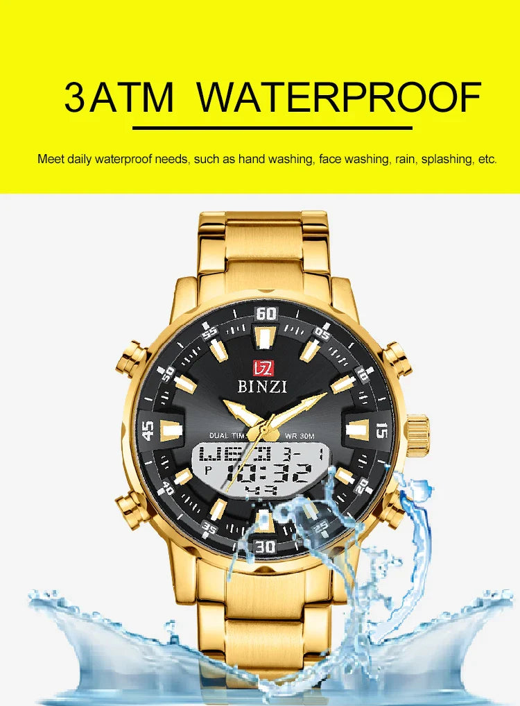 Luxus Herren-Armbanduhr 2025 – Goldene Edelstahluhr mit Dual Display | Relogio Masculino