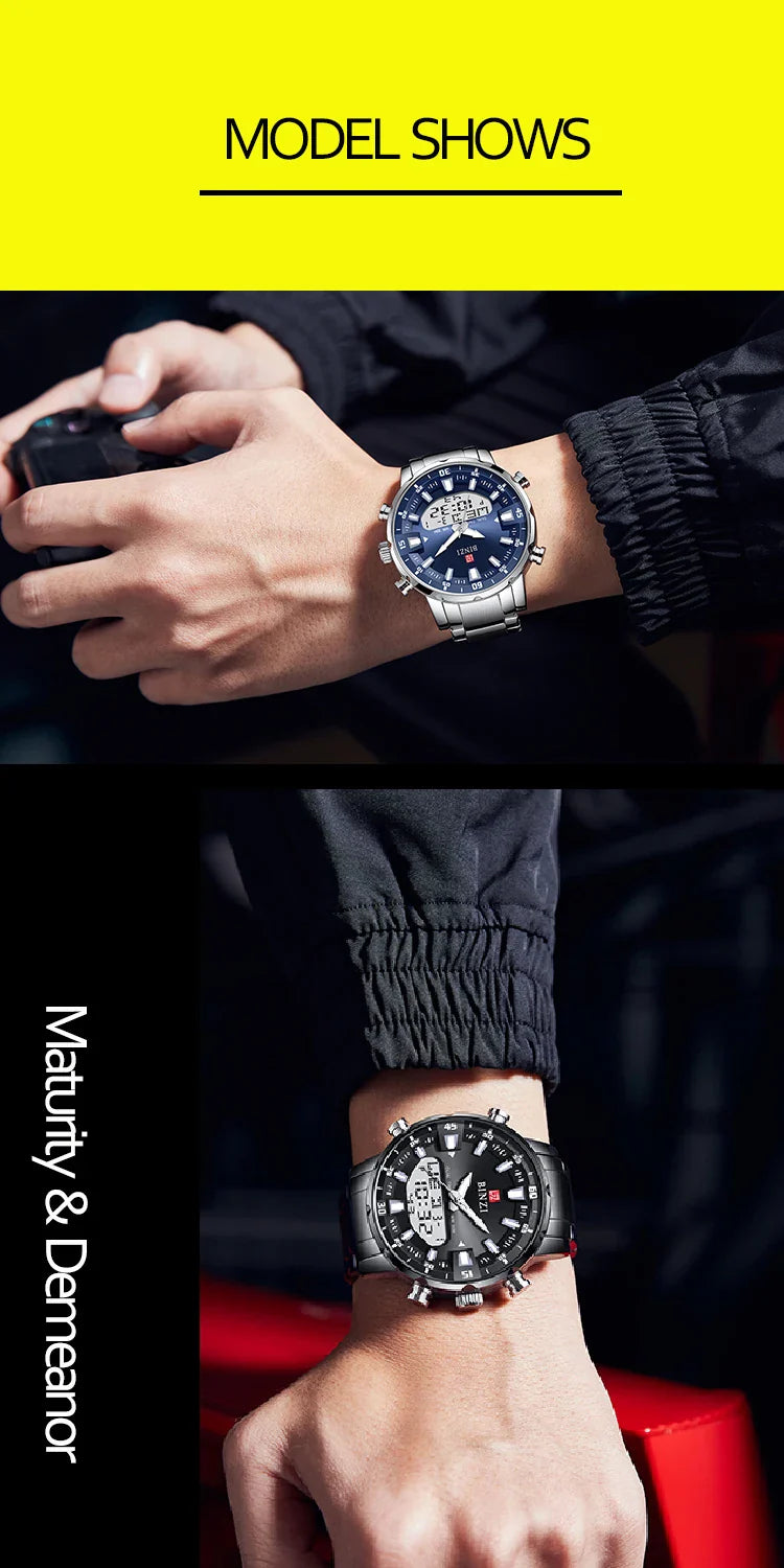 Luxus Herren-Armbanduhr 2025 – Goldene Edelstahluhr mit Dual Display | Relogio Masculino