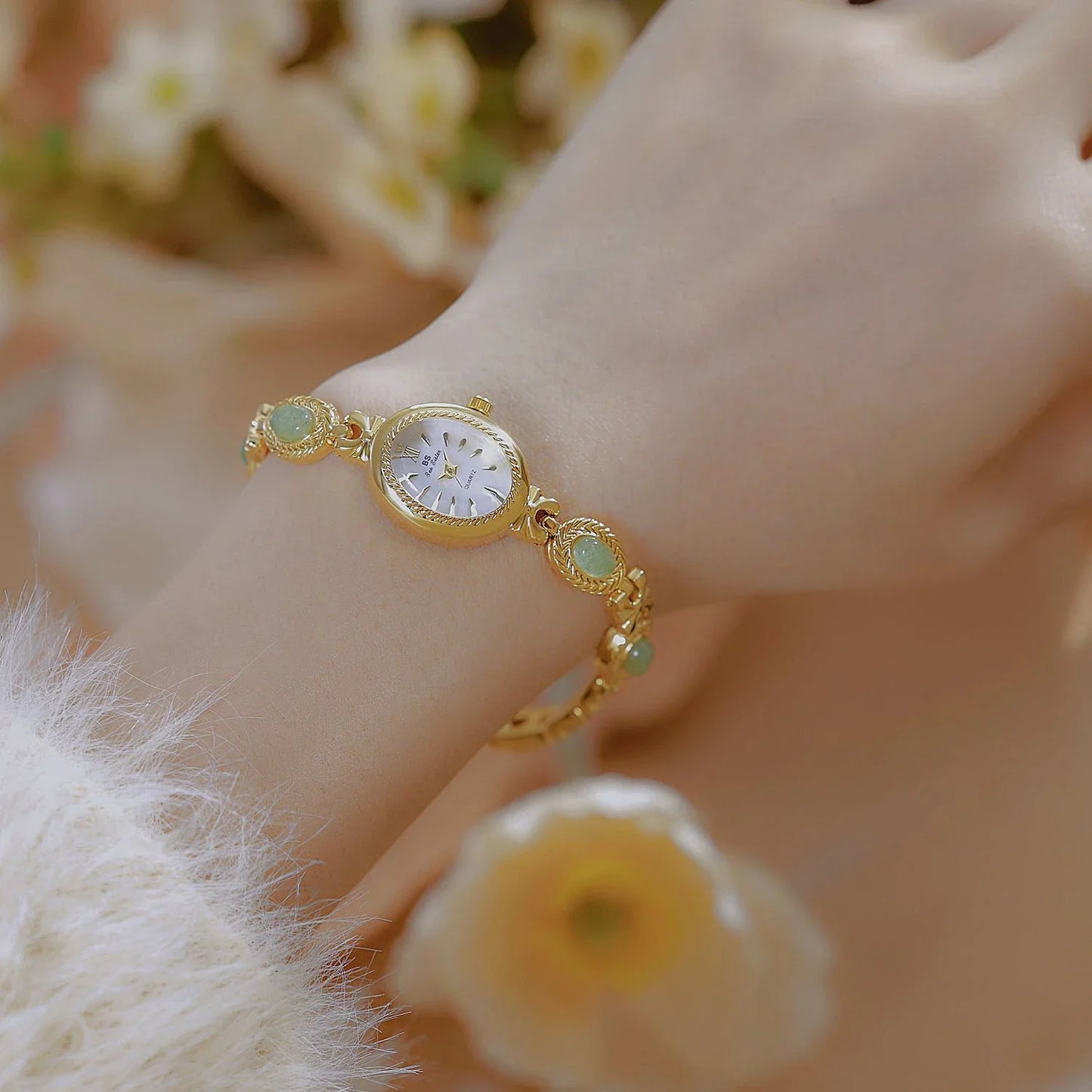 BS Bienenschwester FA1859 Damen Quarzuhr – Hochwertige Legierung mit Jade-Armband, Wasserfest, Elegante Dress-Uhr