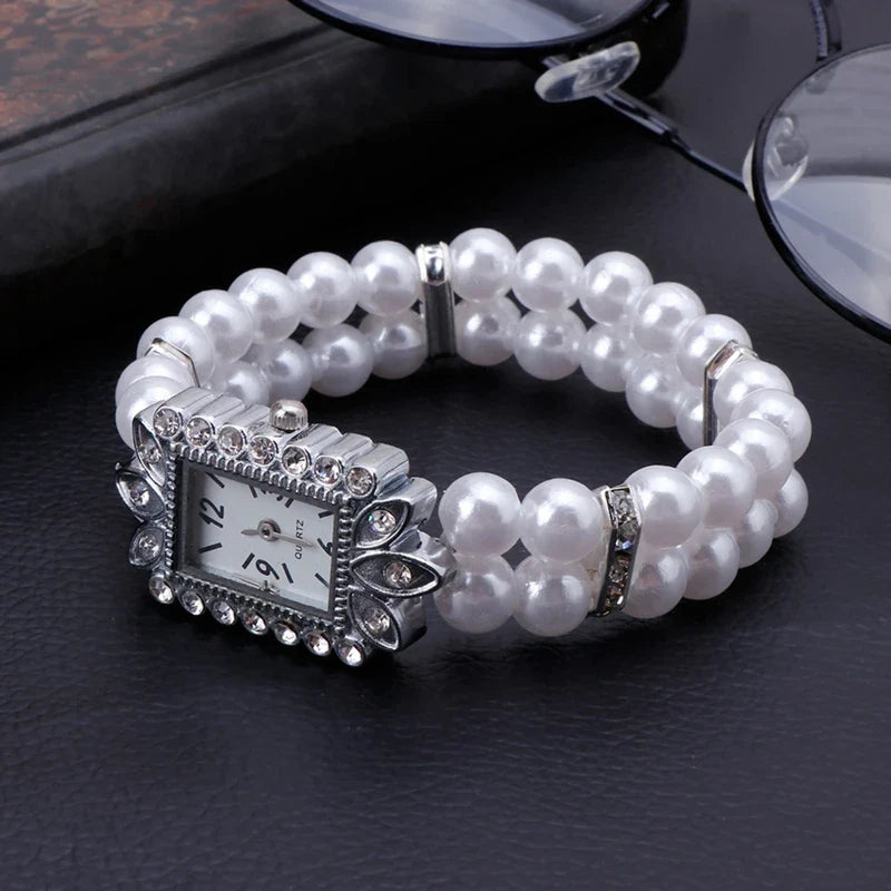 Bulusii Damen Vintage Armbanduhr mit Perlen & Strass, Digital, Elastisch und Verstellbar, Stilvolles Geschenk für Frauen