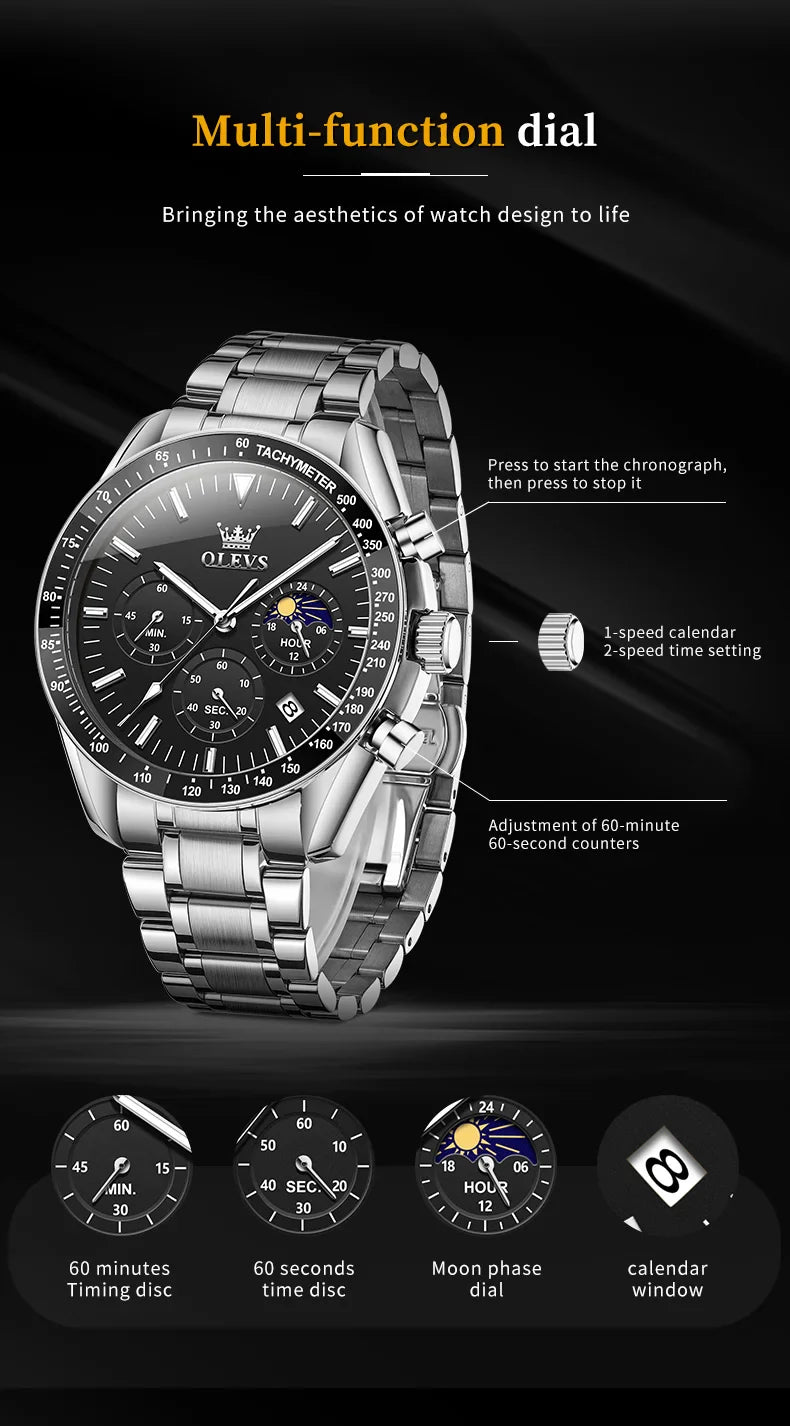 OLEVS Herren Quarz-Armbanduhr 3618 – Chronograph, Wasserdicht, Luminous