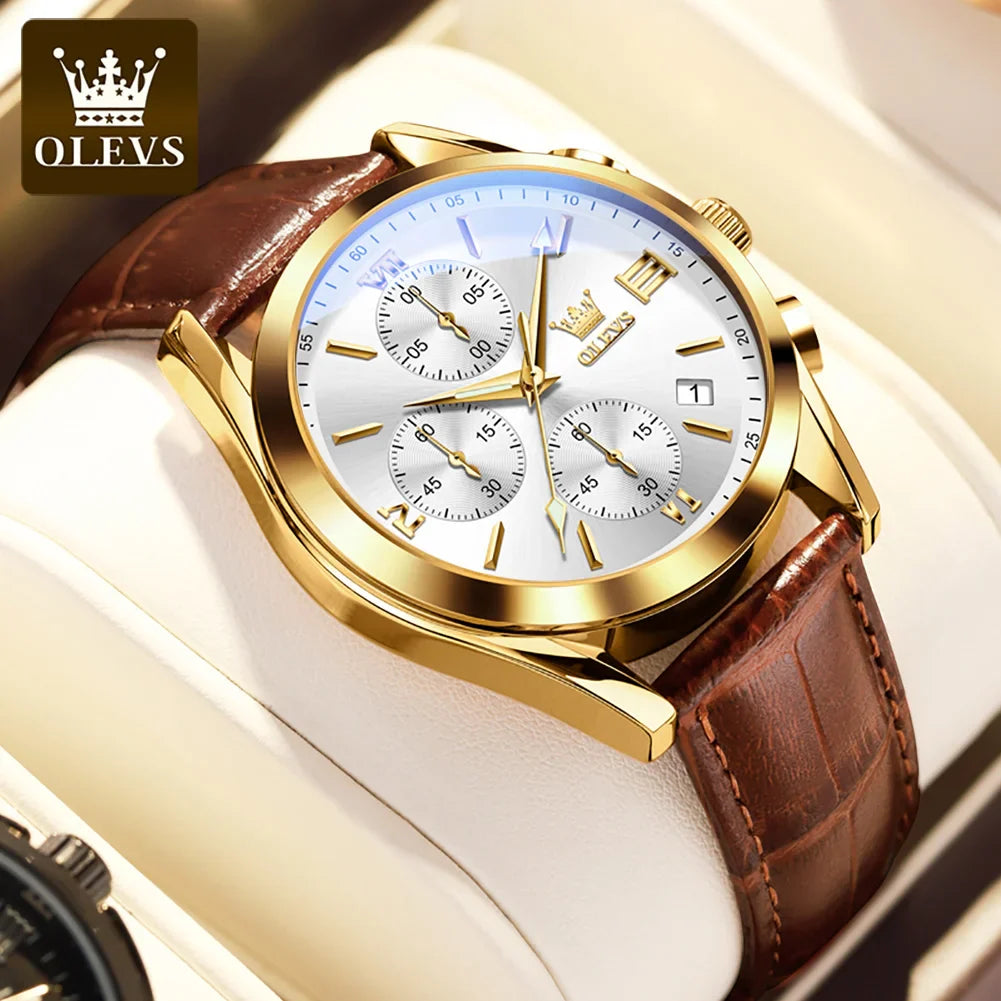 OLEVS Sport Quarz Chronograph Uhr für Herren, Wasserdicht mit Luminous Zeigern, Auto Date, Lederarmband