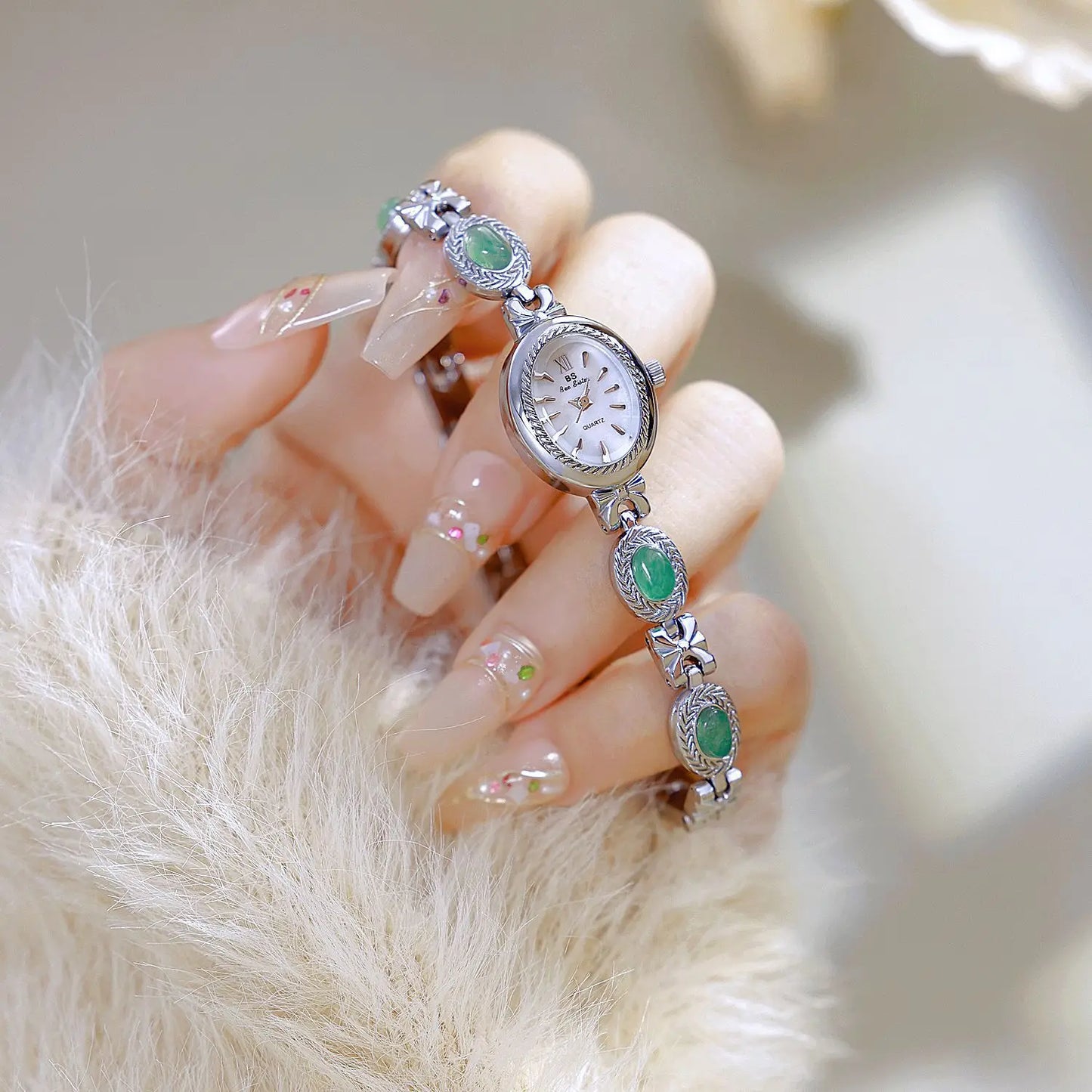 BS Bienenschwester FA1859 Damen Quarzuhr – Hochwertige Legierung mit Jade-Armband, Wasserfest, Elegante Dress-Uhr