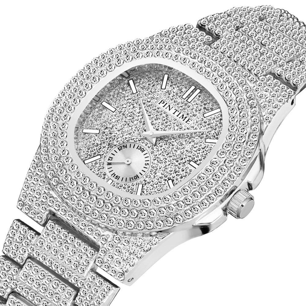 PINTIME Iced Out Quarzuhr für Herren, 3ATM Wasserdicht, Mode Hip Hop Armbanduhr mit CZ Kristallen, Unisex