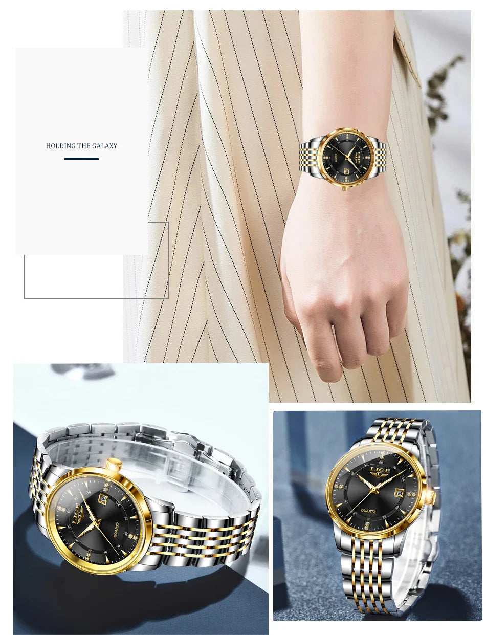 LIGE Damen Quarzuhr – Goldene Edelstahl Armbanduhr mit Luminous Zeigern, Stopuhr, Wasserfest, Auto-Datum – Luxus Armbanduhr für Damen