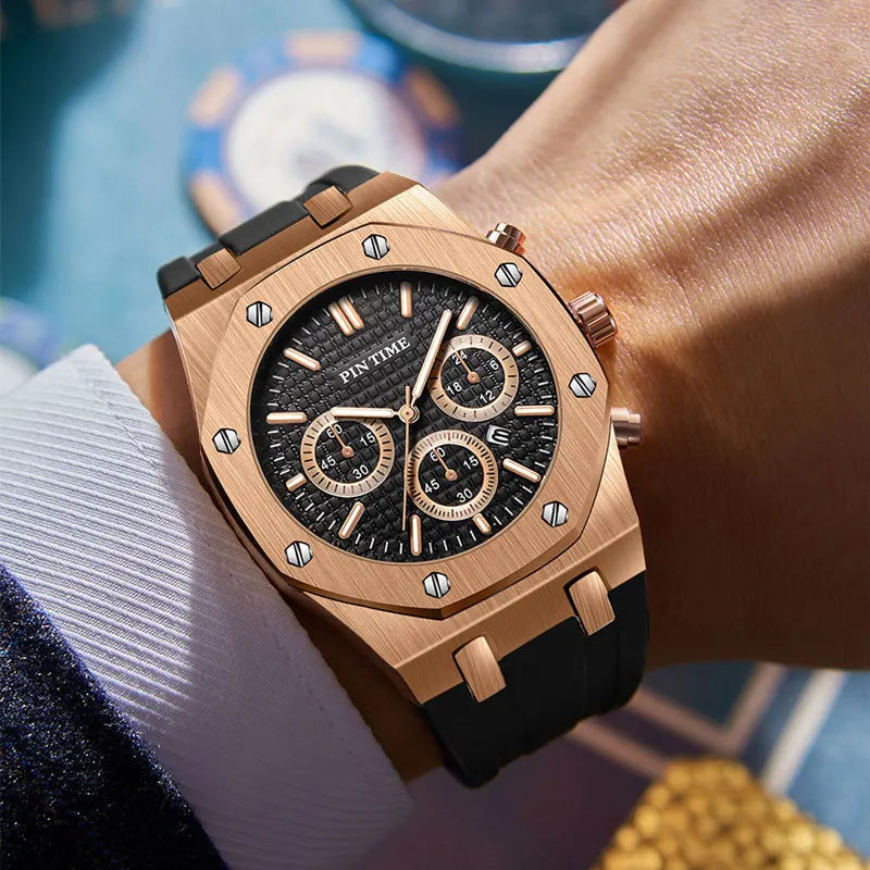 PINTIME Luxus Quarz Armbanduhr für Herren, Wasserdicht, Edelstahl, Sportliche Design Uhr, 42 mm Zifferblatt