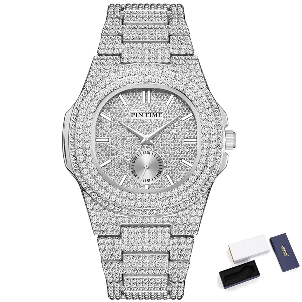 PINTIME Iced Out Quarzuhr für Herren, 3ATM Wasserdicht, Mode Hip Hop Armbanduhr mit CZ Kristallen, Unisex