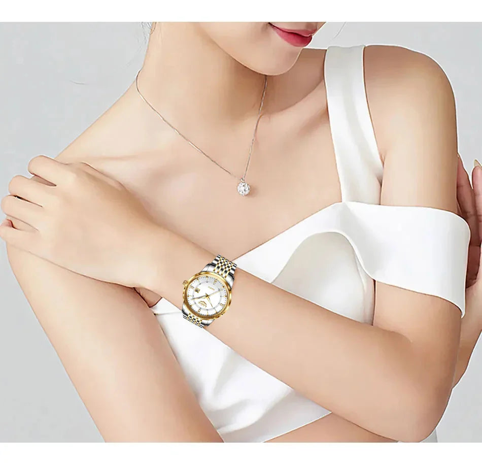 LIGE Damen Quarzuhr – Goldene Edelstahl Armbanduhr mit Luminous Zeigern, Stopuhr, Wasserfest, Auto-Datum – Luxus Armbanduhr für Damen