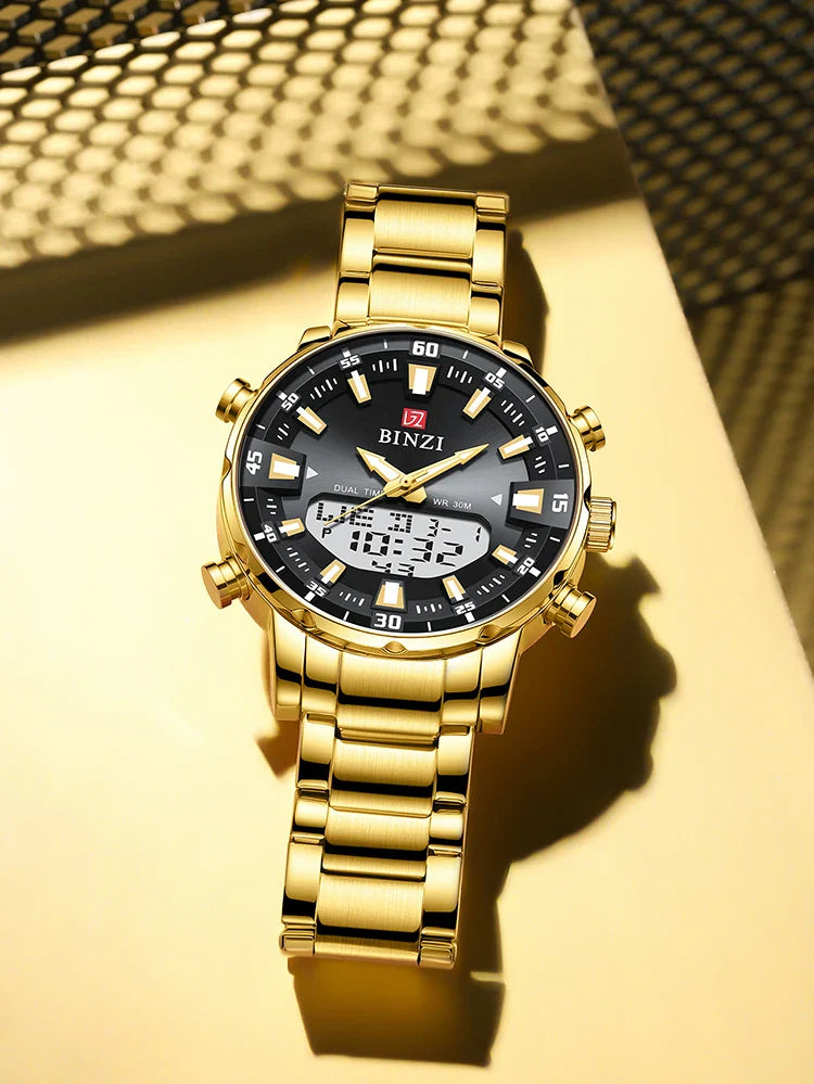 Luxus Herren-Armbanduhr 2025 – Goldene Edelstahluhr mit Dual Display | Relogio Masculino