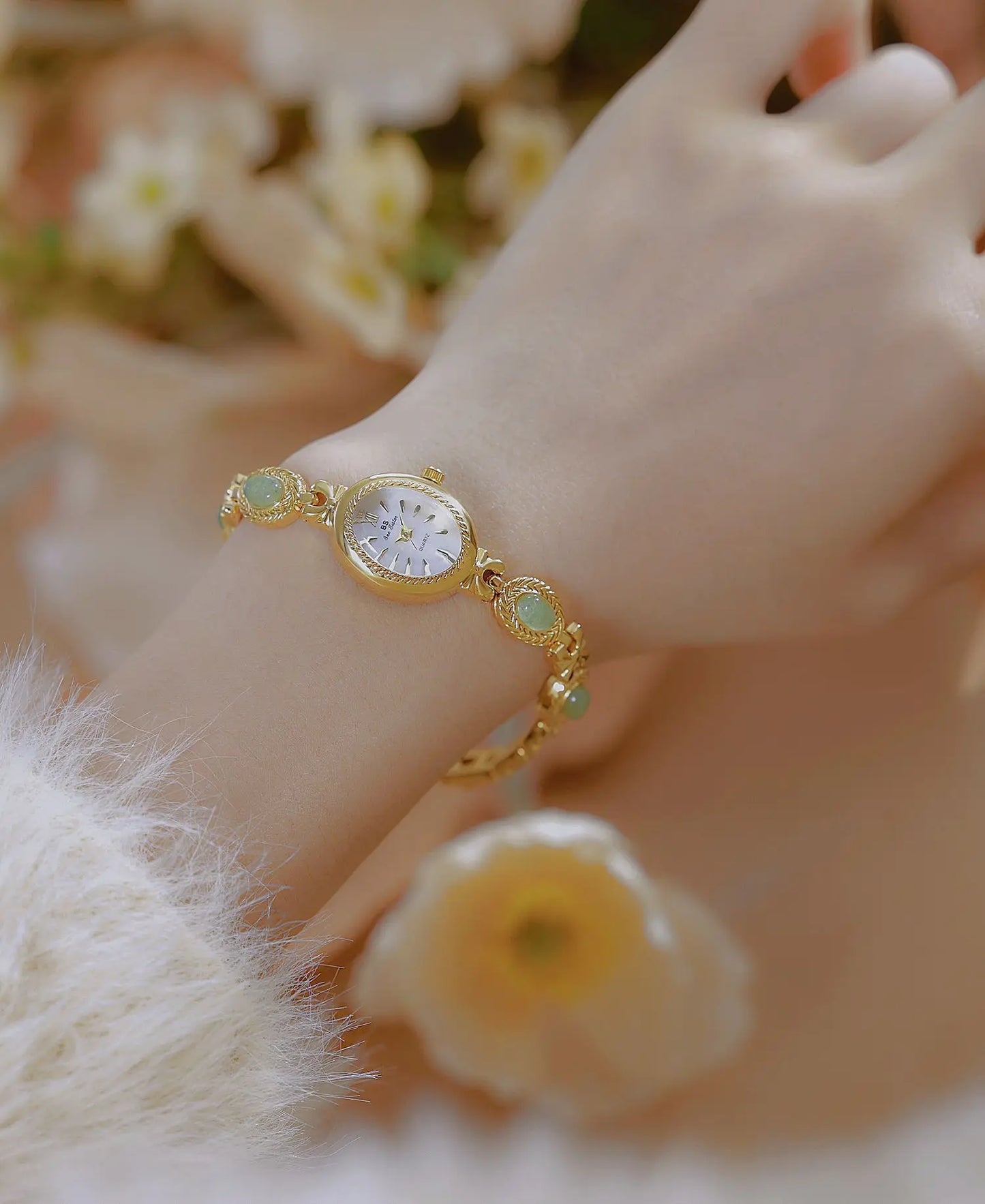 BS Bienenschwester FA1859 Damen Quarzuhr – Hochwertige Legierung mit Jade-Armband, Wasserfest, Elegante Dress-Uhr