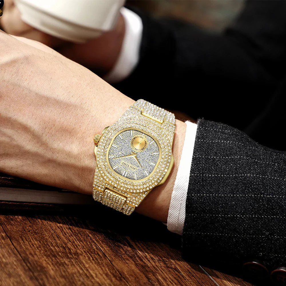 PINTIME Iced Out Quarzuhr für Herren, 3ATM Wasserdicht, Mode Hip Hop Armbanduhr mit CZ Kristallen, Unisex