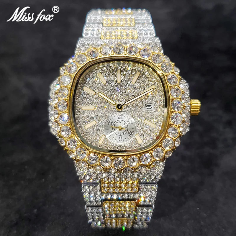 Luxus "Iced Out" Quarz-Armbanduhr für Herren – Edelstahl, Stoßfest, Wasserdicht