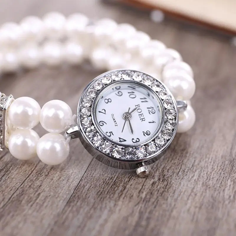 Bulusii Damen Vintage Armbanduhr mit Perlen & Strass, Digital, Elastisch und Verstellbar, Stilvolles Geschenk für Frauen