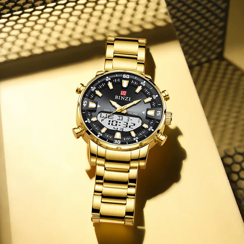 Luxus Herren-Armbanduhr 2025 – Goldene Edelstahluhr mit Dual Display | Relogio Masculino