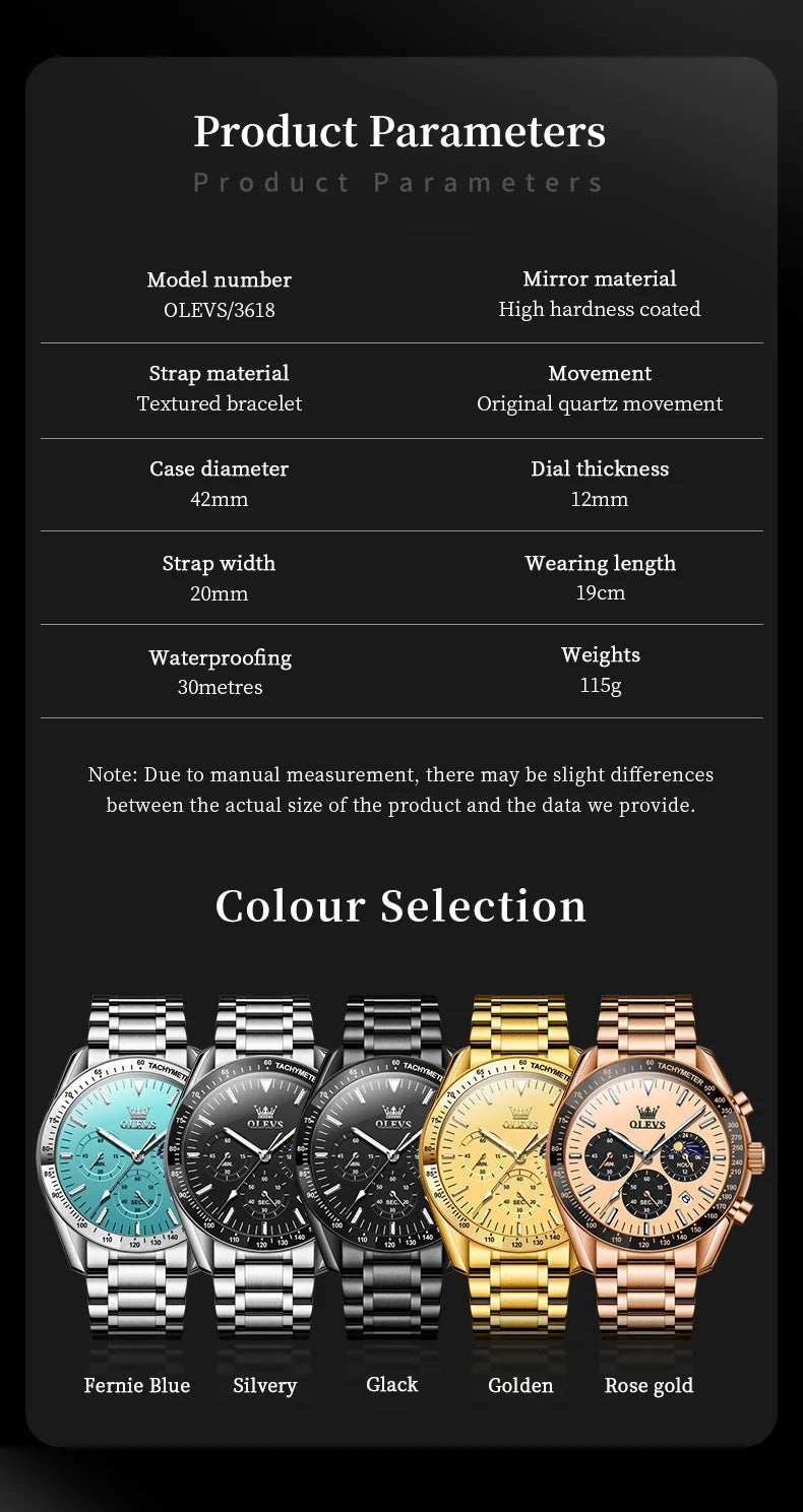 OLEVS Herren Quarz-Armbanduhr 3618 – Chronograph, Wasserdicht, Luminous