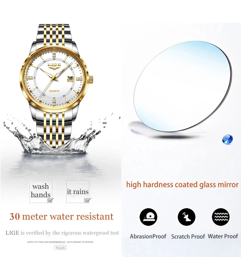 LIGE Damen Quarzuhr – Goldene Edelstahl Armbanduhr mit Luminous Zeigern, Stopuhr, Wasserfest, Auto-Datum – Luxus Armbanduhr für Damen