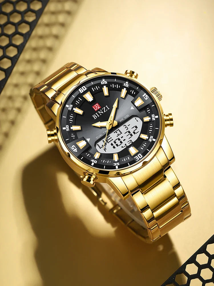 Luxus Herren-Armbanduhr 2025 – Goldene Edelstahluhr mit Dual Display | Relogio Masculino