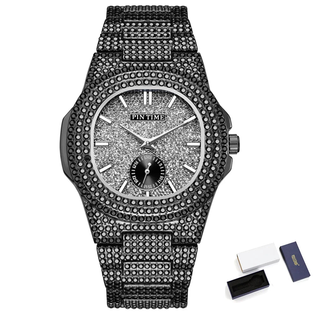 PINTIME Iced Out Quarzuhr für Herren, 3ATM Wasserdicht, Mode Hip Hop Armbanduhr mit CZ Kristallen, Unisex