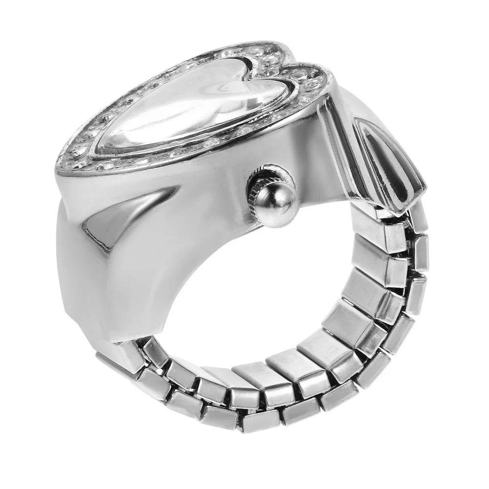 Vintage Herz Ringuhr für Damen – Retro Quarz Fingeruhr mit elastischem Armband